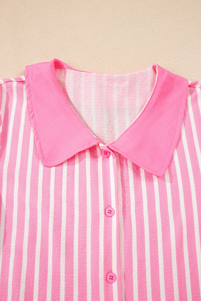 Pink Striped Bow Decor Peter Pan Collar Button-Up Top and Pants Pajama Set