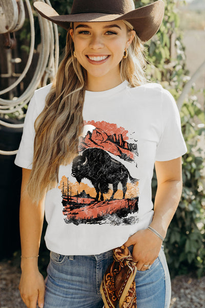 White Western Buffalo On Plains Heat Transfer Printing Graphic Crew Neck Tee