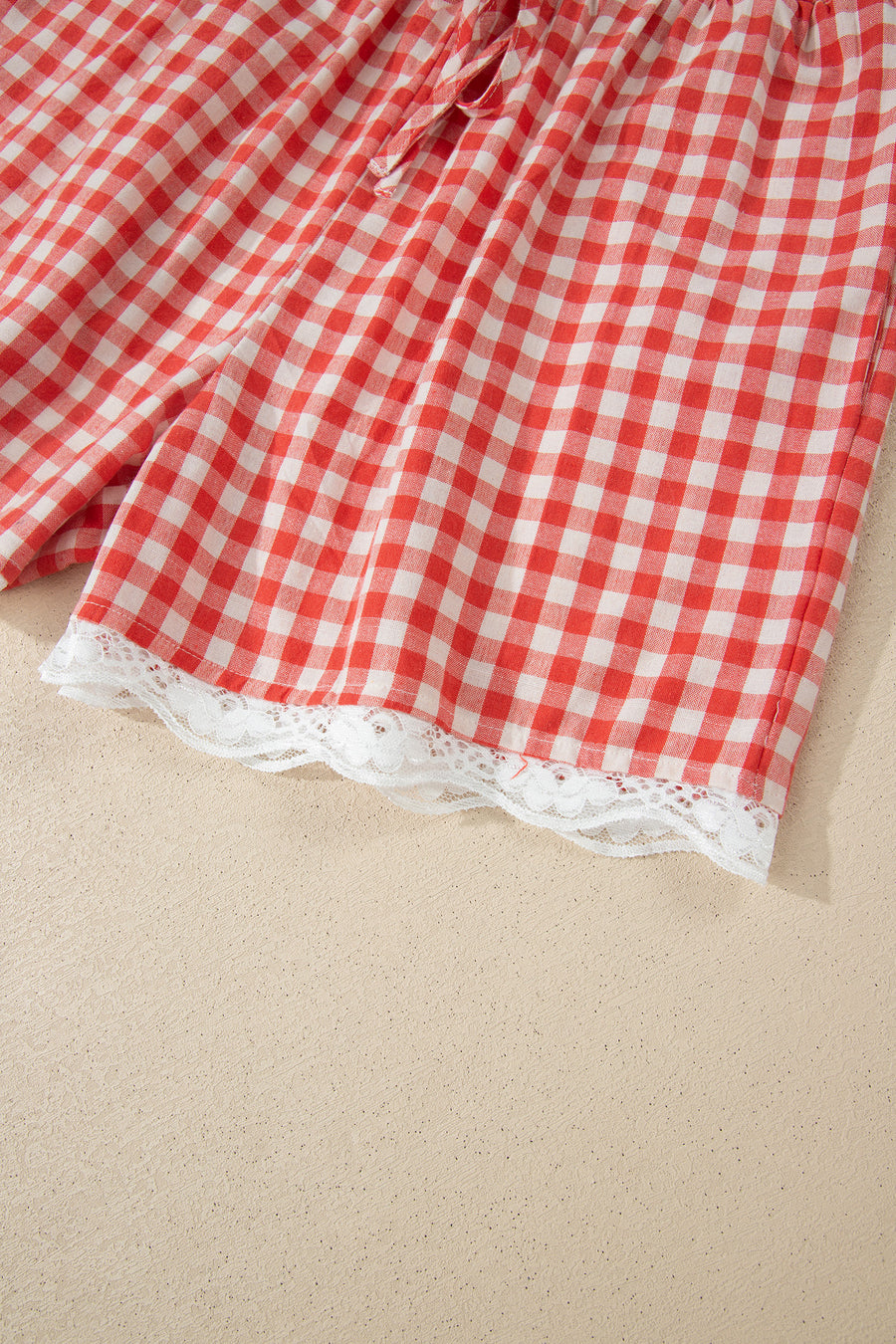 Red Gingham Lace Trim Elastic Waist Shorts