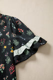 Black Floral Contrast Trim Frilled Neck Ruffled Short Sleeve Blouse