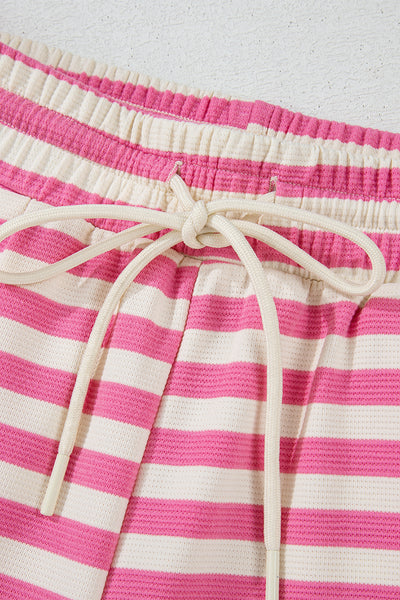 Pink Striped Crew Neck T-Shirt and Drawstring Shorts Set