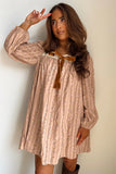 Khaki Velvet Bow Front Floral Print Long Sleeve Mini Dress