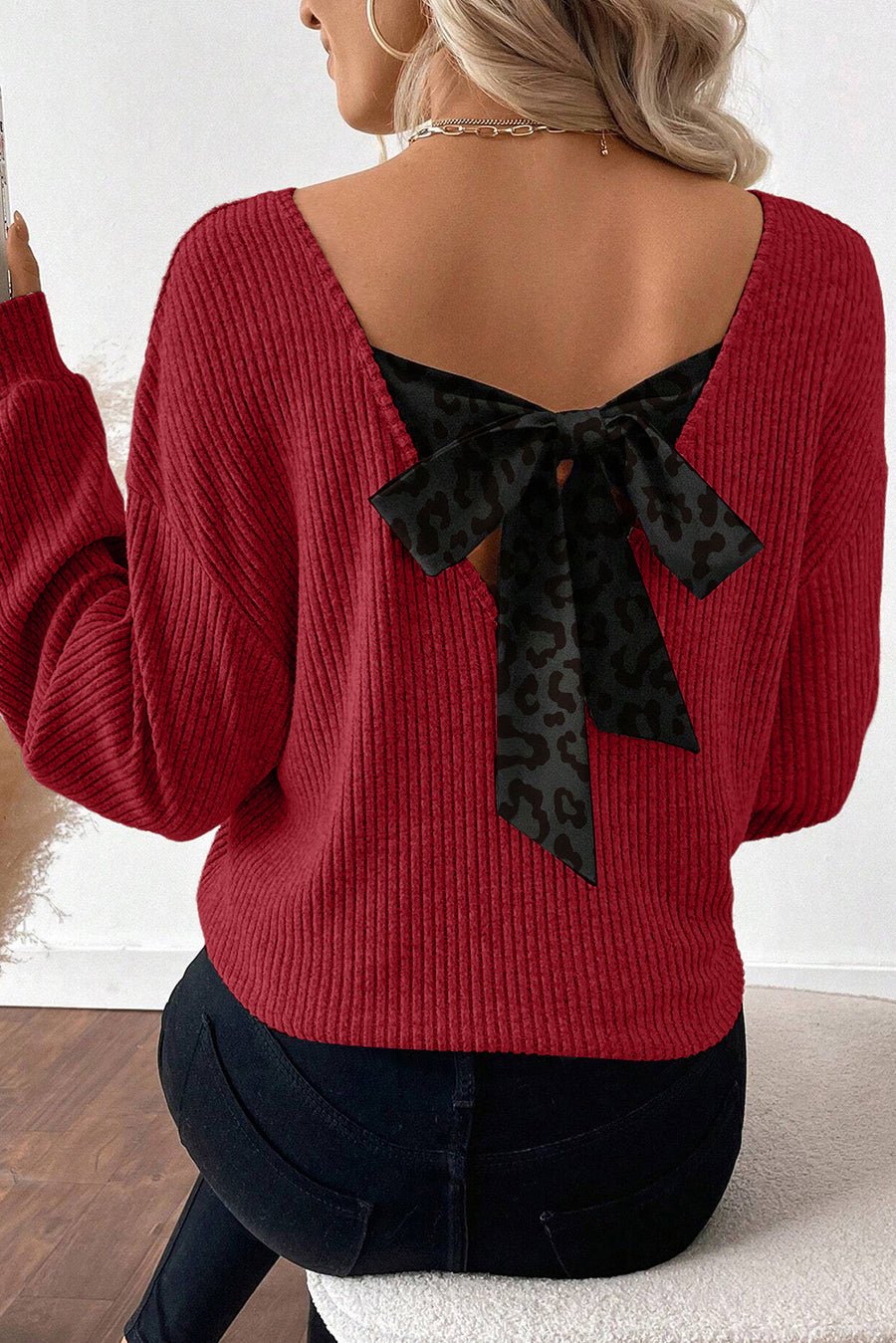 Leopard Print V-Neck Bow Back Ribbed Long Sleeve Sweater- 2 Colors