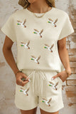 Apricot Stylish Textured Sequin Flying Mallard 2pcs Short Set