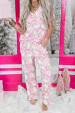 Pink Santa Claus V-Neck Tee Drawstring Pants Pajama Set