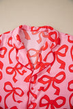 Pink All Over Bow Print Long Sleeve Button-Up Top and Pants Pajama Set