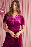 Velvet Puff Short Sleeve Smocked Waist Tiered Maxi Dress with Pockets- 3 Colors