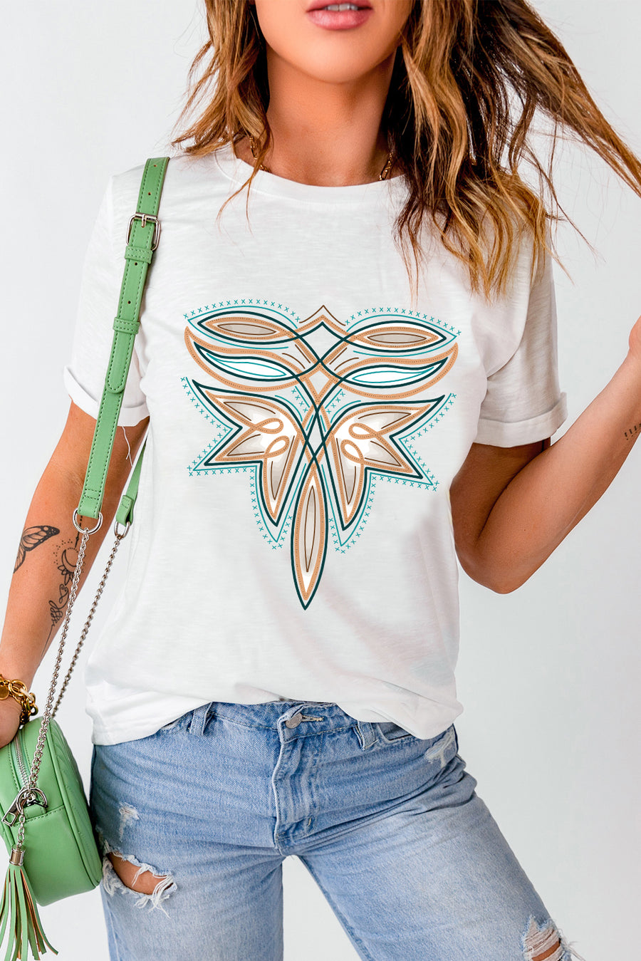 White Boot Stitch Pattern Heat Transfer Printing Cotton Blend Tee