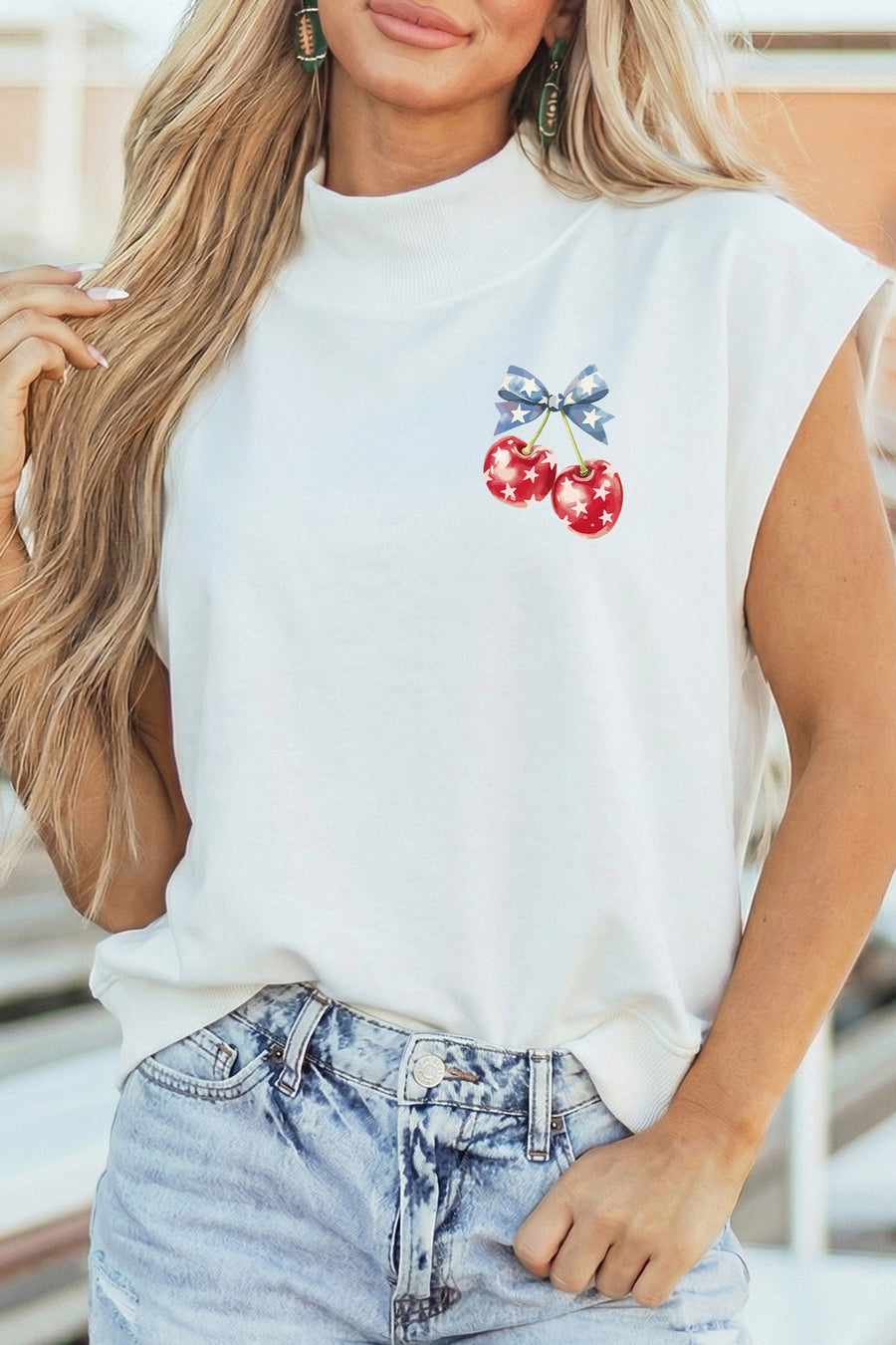 White Mock Neck Short Sleeve American Print Cherries Graphic T-Shirt