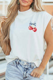 White Mock Neck Short Sleeve American Print Cherries Graphic T-Shirt