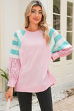 Light Pink Striped Color Block Patchwork Raglan Sleeve Top