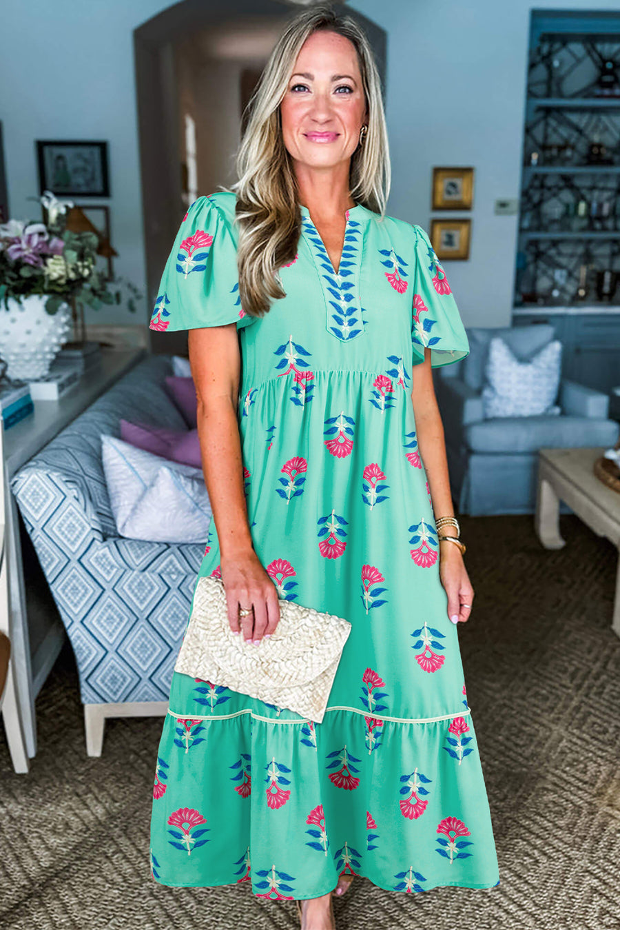 Blue Floral Print Notched Neck Flounce Sleeve Maxi Dress with Pockets- 2 Colors
