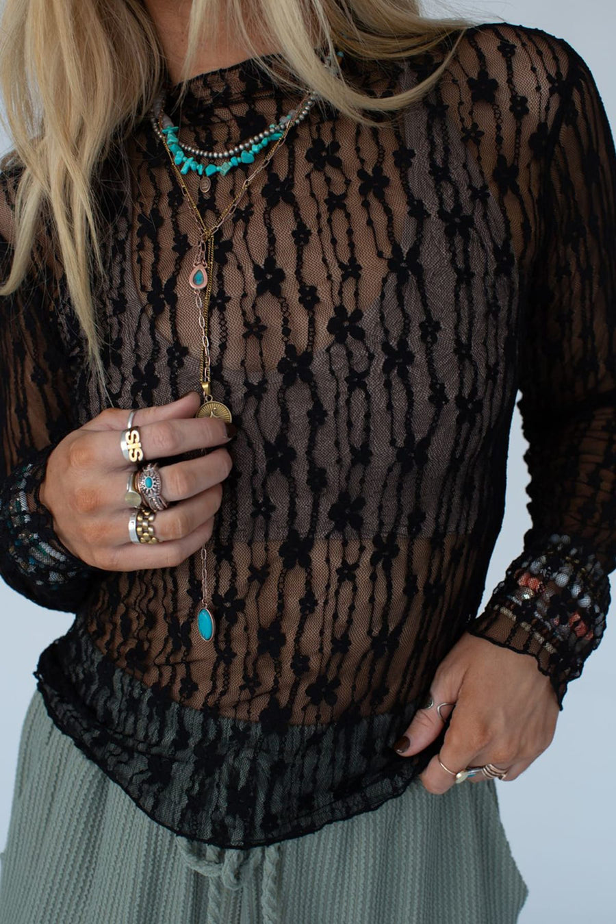 Floral Lace Sheer Long Sleeve Slim Fit Top- 3 Colors