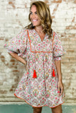Pink Floral Print Tassel Tie V-Neck Scalloped Detail Loose Mini Dress