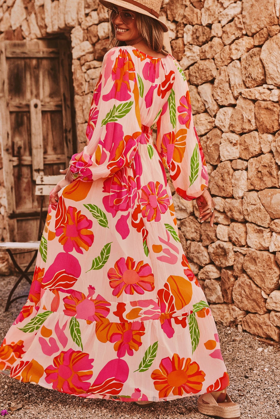 Fuchsia Multi Floral Shirred Long Sleeve Flowy Maxi Dress with Pockets