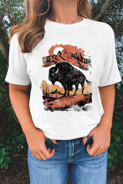 White Western Buffalo On Plains Heat Transfer Printing Graphic Crew Neck Tee