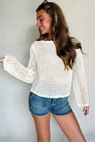 Yellow Cream Scalloped Trim Hollow Out Knit Long Sleeve Top