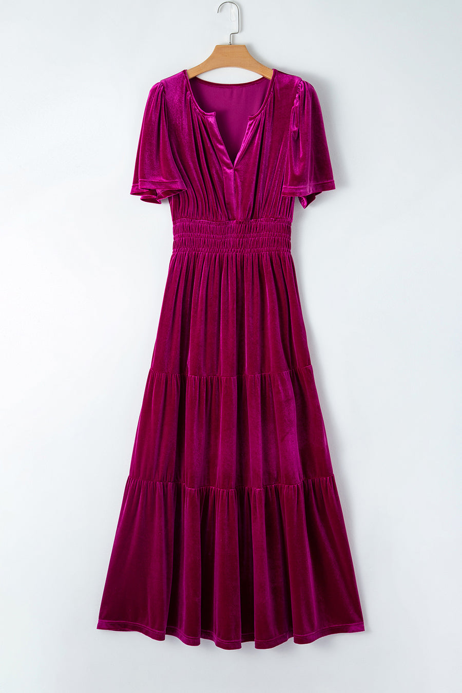 Velvet Puff Short Sleeve Smocked Waist Tiered Maxi Dress with Pockets- 3 Colors