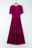 Velvet Puff Short Sleeve Smocked Waist Tiered Maxi Dress with Pockets- 3 Colors