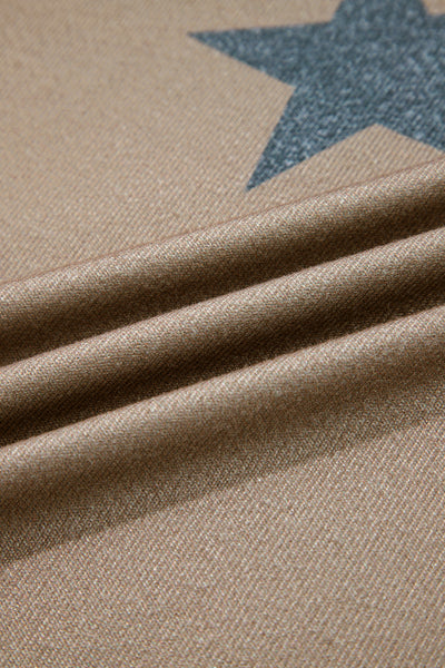 Khaki Retro Star Print Long Sleeve Pullover Drawstring Wide Leg Pajama Set