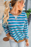 Teal Striped Contrast Color Ribbed Trim Crew Neck Drop Shoulder Sweatshirt