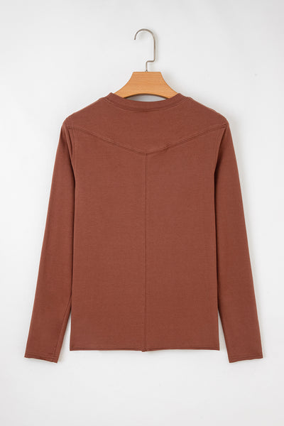 Chestnut Raw Seam Detail Solid Color Long Sleeve Top