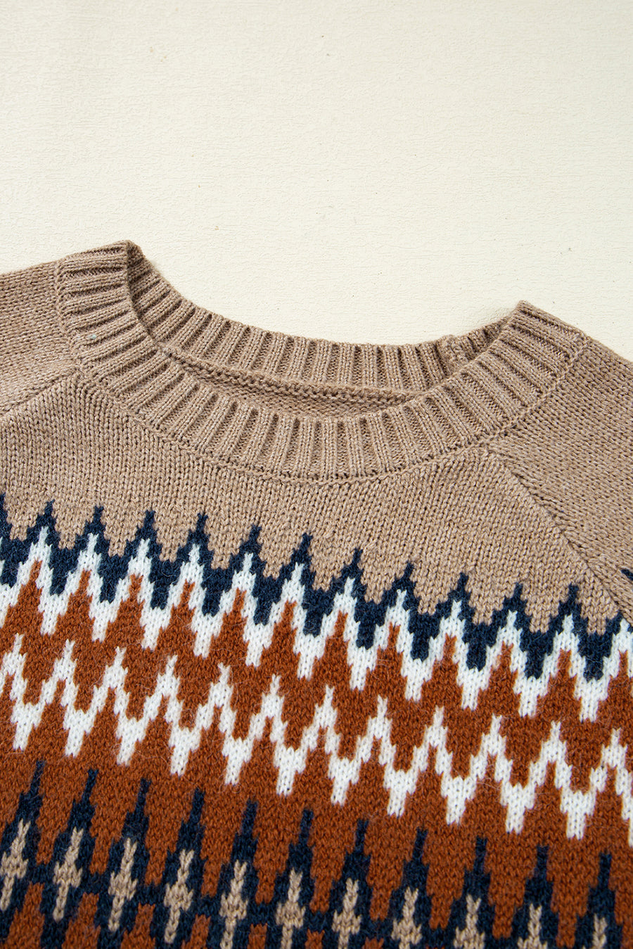 Khaki Geometric Print Colorblock Crew Neck Sweater