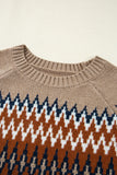 Khaki Geometric Print Colorblock Crew Neck Sweater