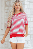 Red Striped Drop Shoulder Banded Short Sleeve T Shirt