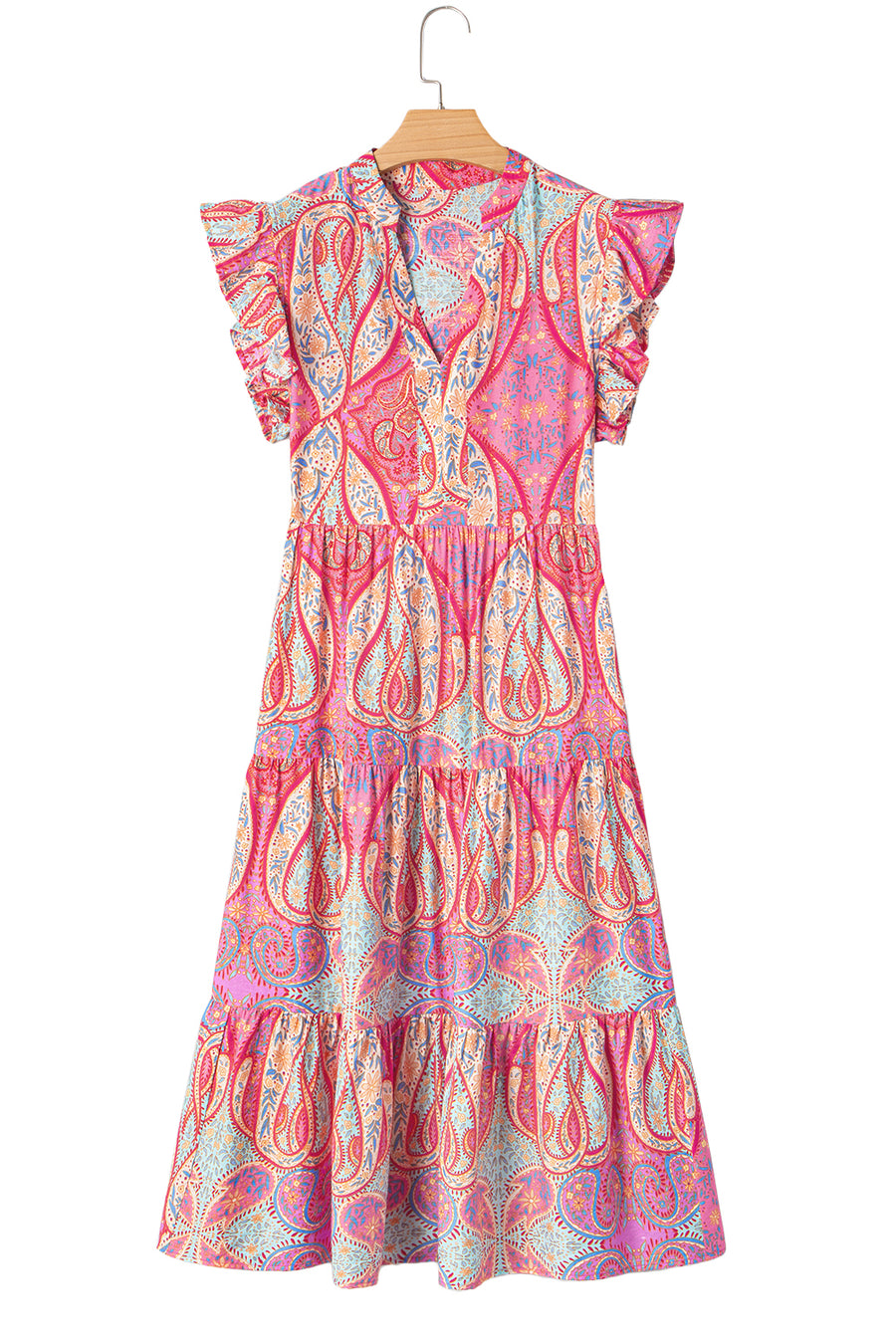 Pink Multi Floral Paisley Ruffle Sleeve Notch Neck Midi Dress