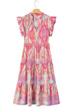 Pink Multi Floral Paisley Ruffle Sleeve Notch Neck Midi Dress