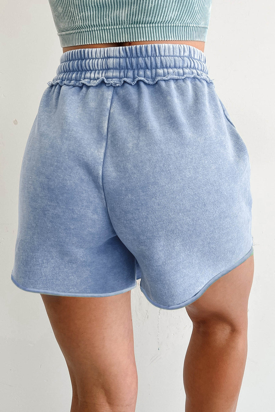 Dusty Blue American Sequin Star Exposed Seam Drawstring Cotton Shorts