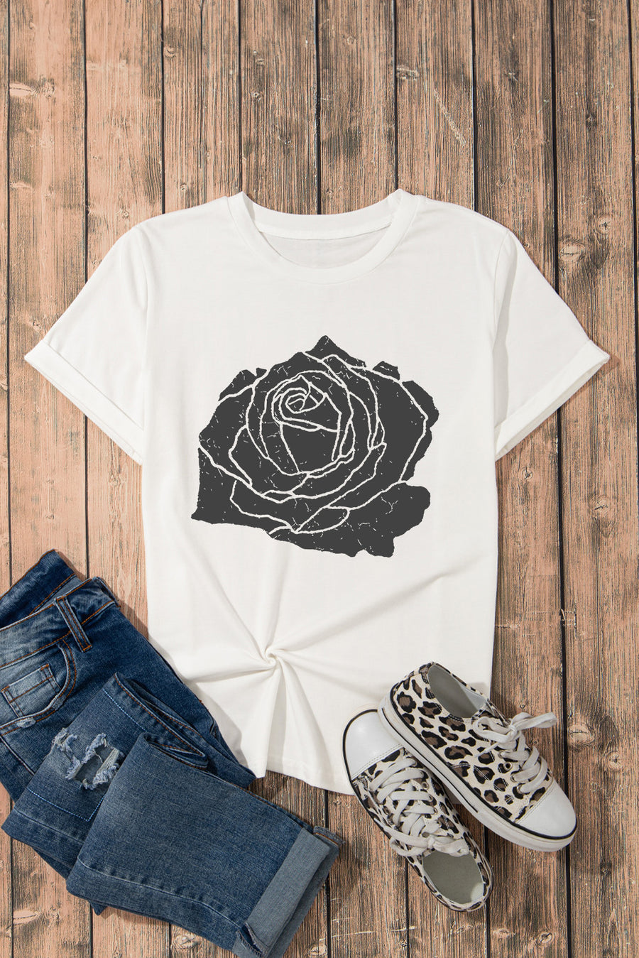 White with Black Rose Graphic Crew Neck T-Shirt