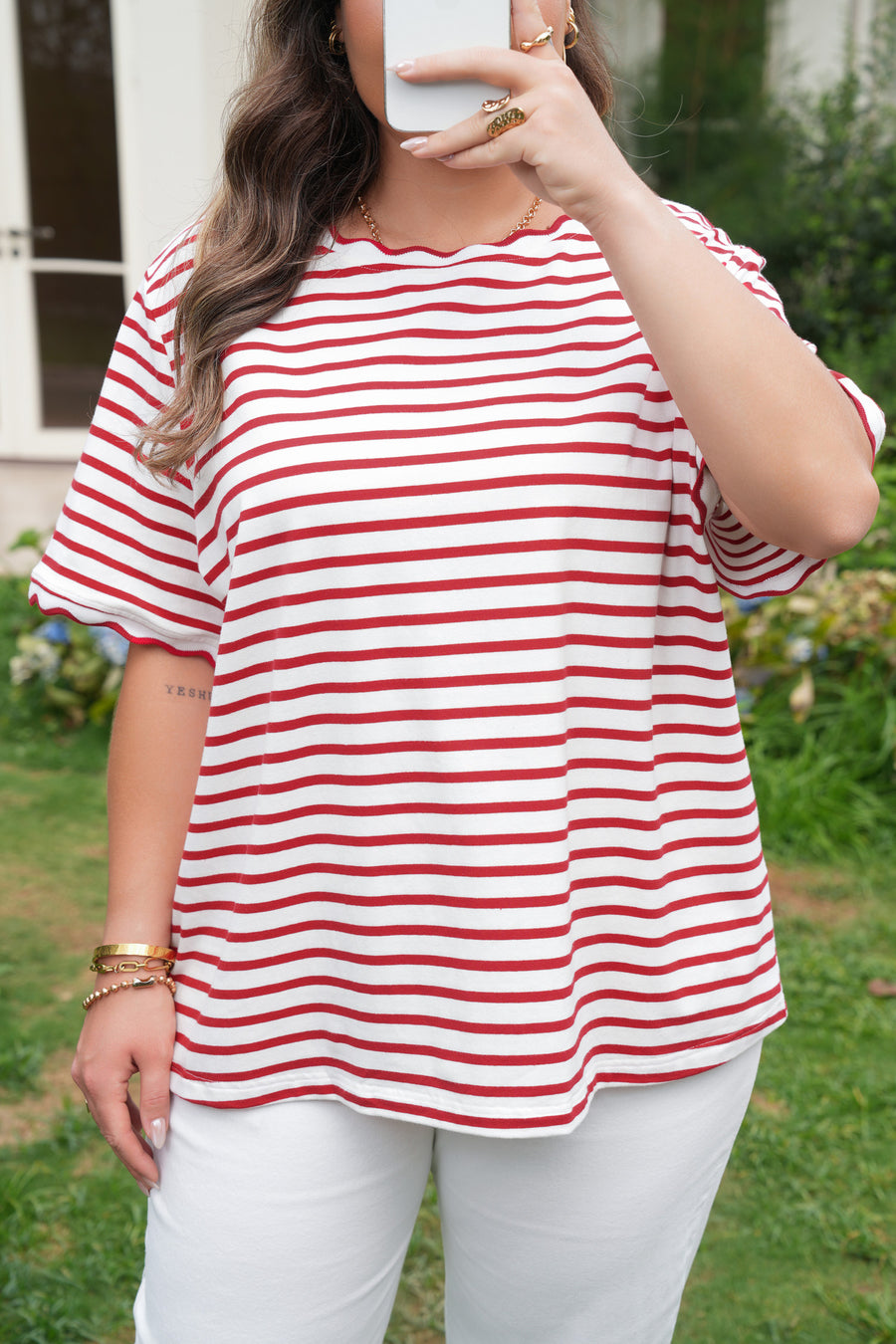 Plus Size Red Striped Scalloped Trim Crew Neck Short Sleeve T-Shirt