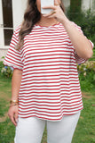 Plus Size Red Striped Scalloped Trim Crew Neck Short Sleeve T-Shirt