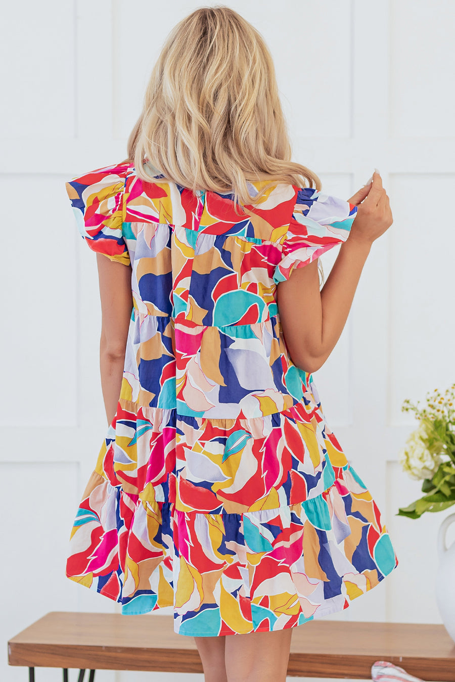 Abstract Print Flutter Sleeve Tiered Mini Dress