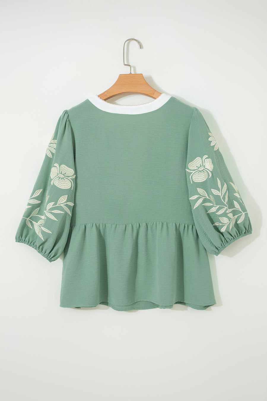 Myosotis Color Block Patchwork V Neck Embroidered Puff Sleeve Babydoll Blouse