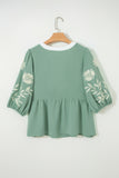 Myosotis Color Block Patchwork V Neck Embroidered Puff Sleeve Babydoll Blouse