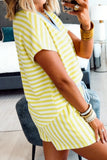 Striped Contrast Trim V-Neck T-Shirt and Drawstring Elastic Waist Shorts Set- 4 Colors