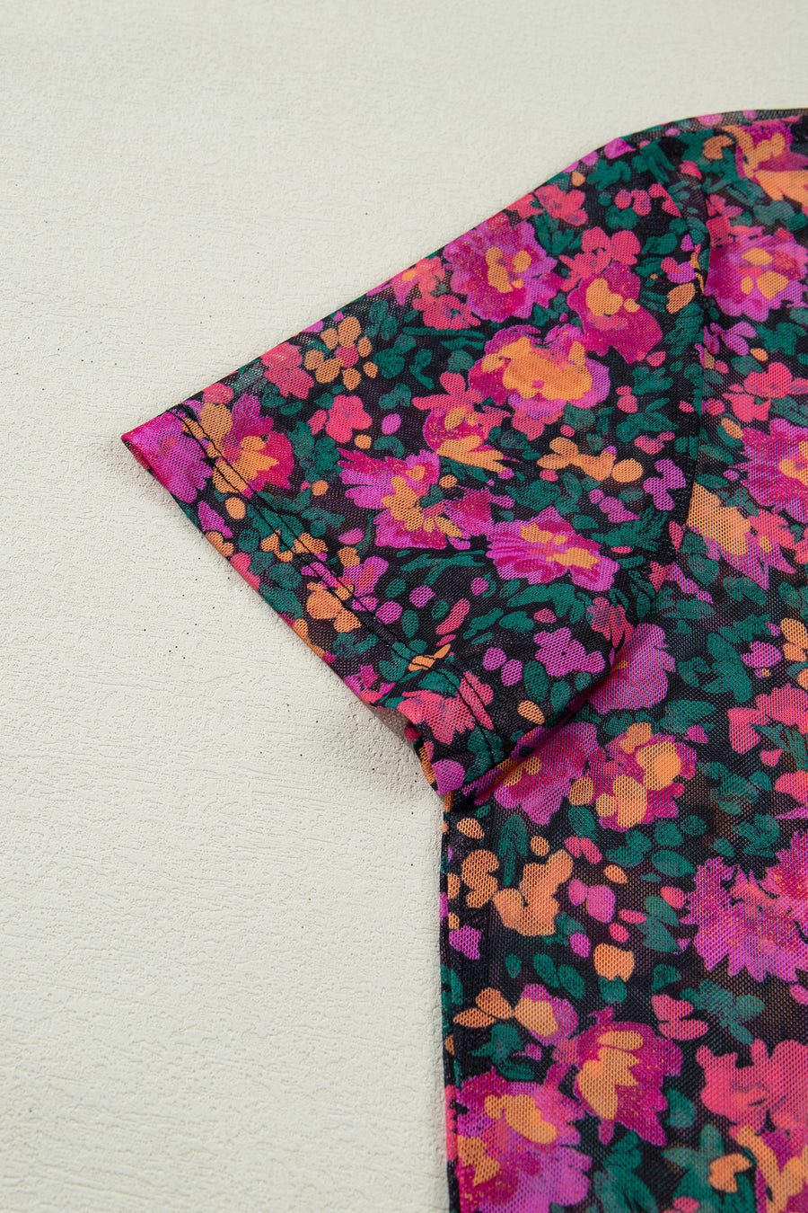 Black Floral Mesh Lettuce Trim Short Sleeve Blouse A
