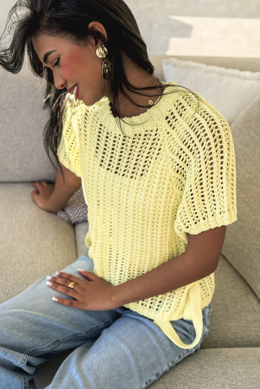 Side Tie Crochet Knit Short Sleeve Sweater- 2 Colors