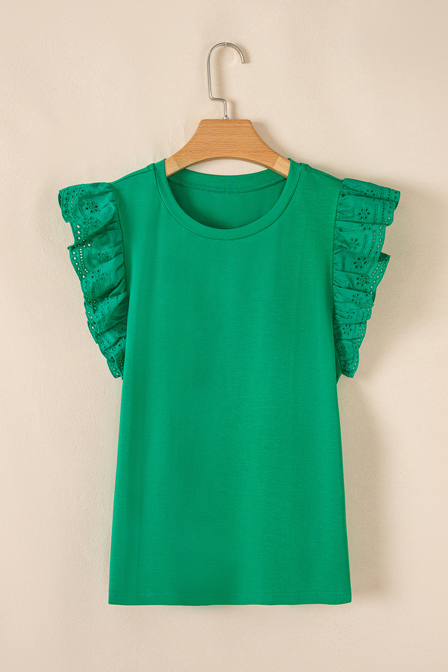 Green Ruffled Eyelet Sleeve Crew Neck Blouse