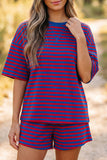 Striped Ribbed Short Sleeve T-Shirt and Shorts Set- 3 Colors