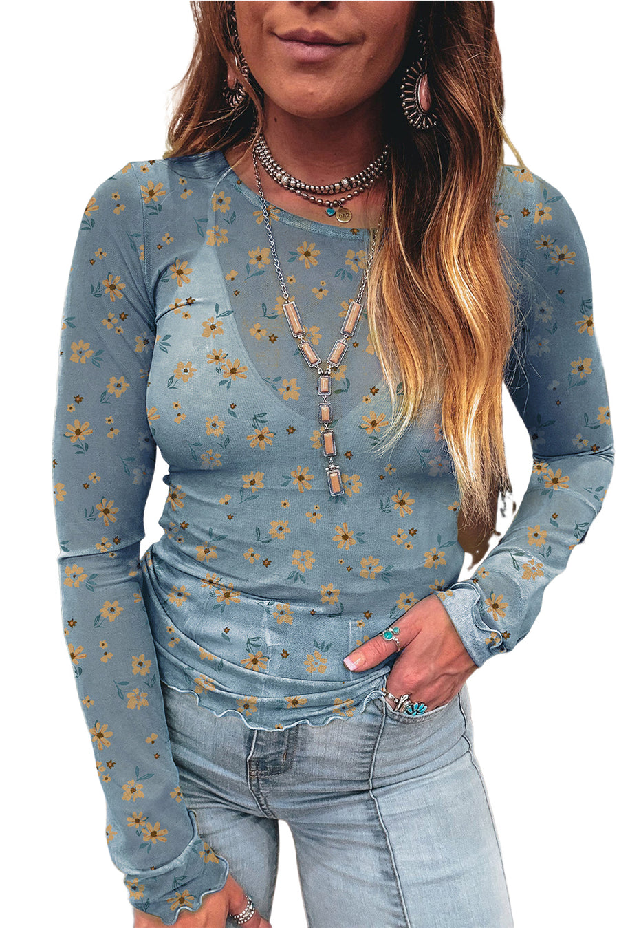 Floral Print Mesh Slim Fit Long Sleeve Blouse- 2 Colors