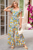 Yellow Floral Print Shirred Cut-Out High-Waist Jumpsuit