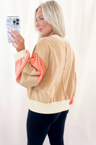 Light French Beige Waffle Textured Patchwork Pullover Sweatshirt