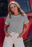 Striped Scalloped Trim Crew Neck Short Sleeve T-Shirt- 5 Colors