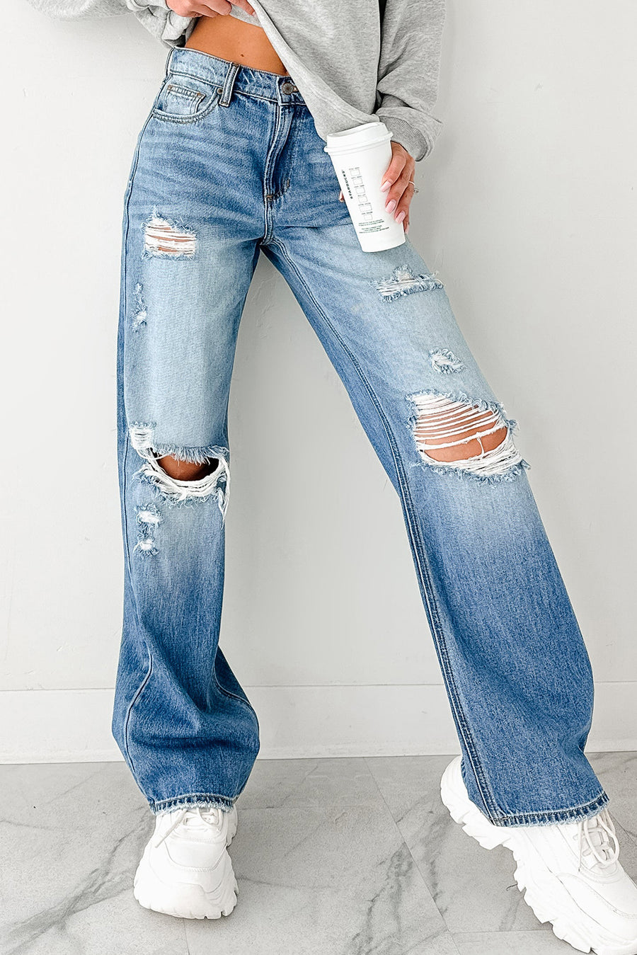 Medium Blue Mid-Rise Distressed Straight Leg Jeans