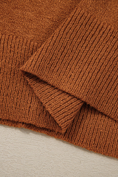 Brown Striped Ribbed Edge Drop Shoulder Sweater