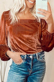 Clay Velvet Ribbed Texture Square Neck Puff Sleeve Top